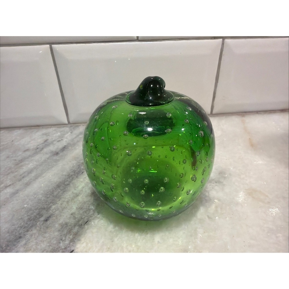 NORCREST Japan‎ Vintage Green Apple Glass Paperweight Bubbles